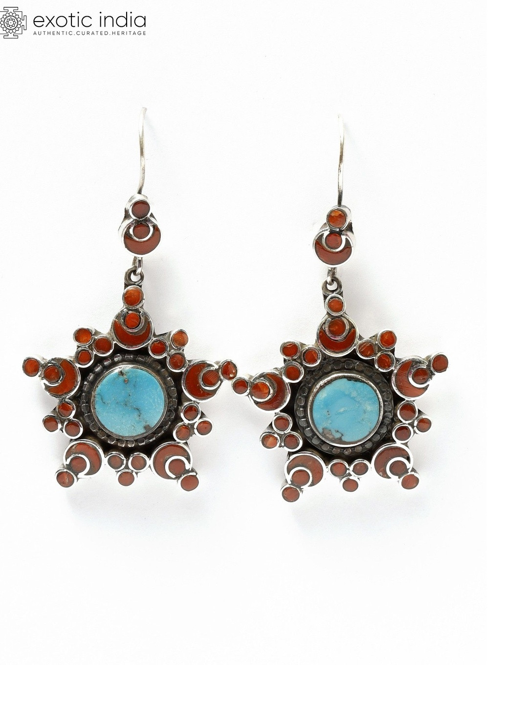 Exotic India Women Sterling Silver Earrings with Persian Turquoise and Coral Drop Earrings