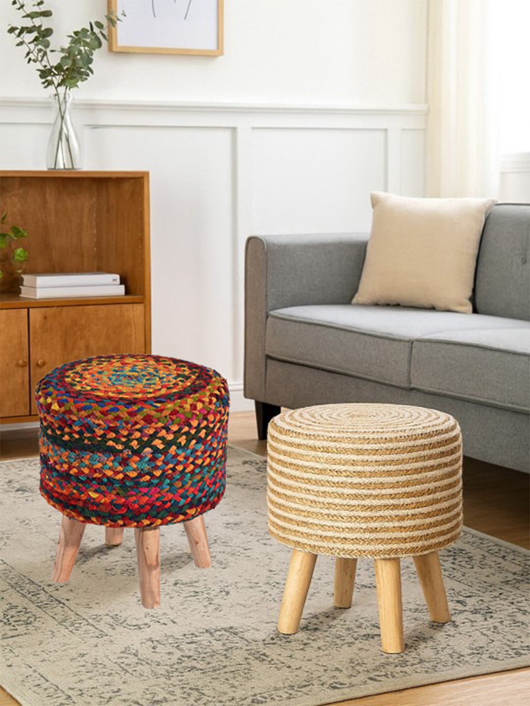 Kuber Industries 2-Pcs White & Red Striped Round Fluffy & Comfortable Ottomans For Sitting