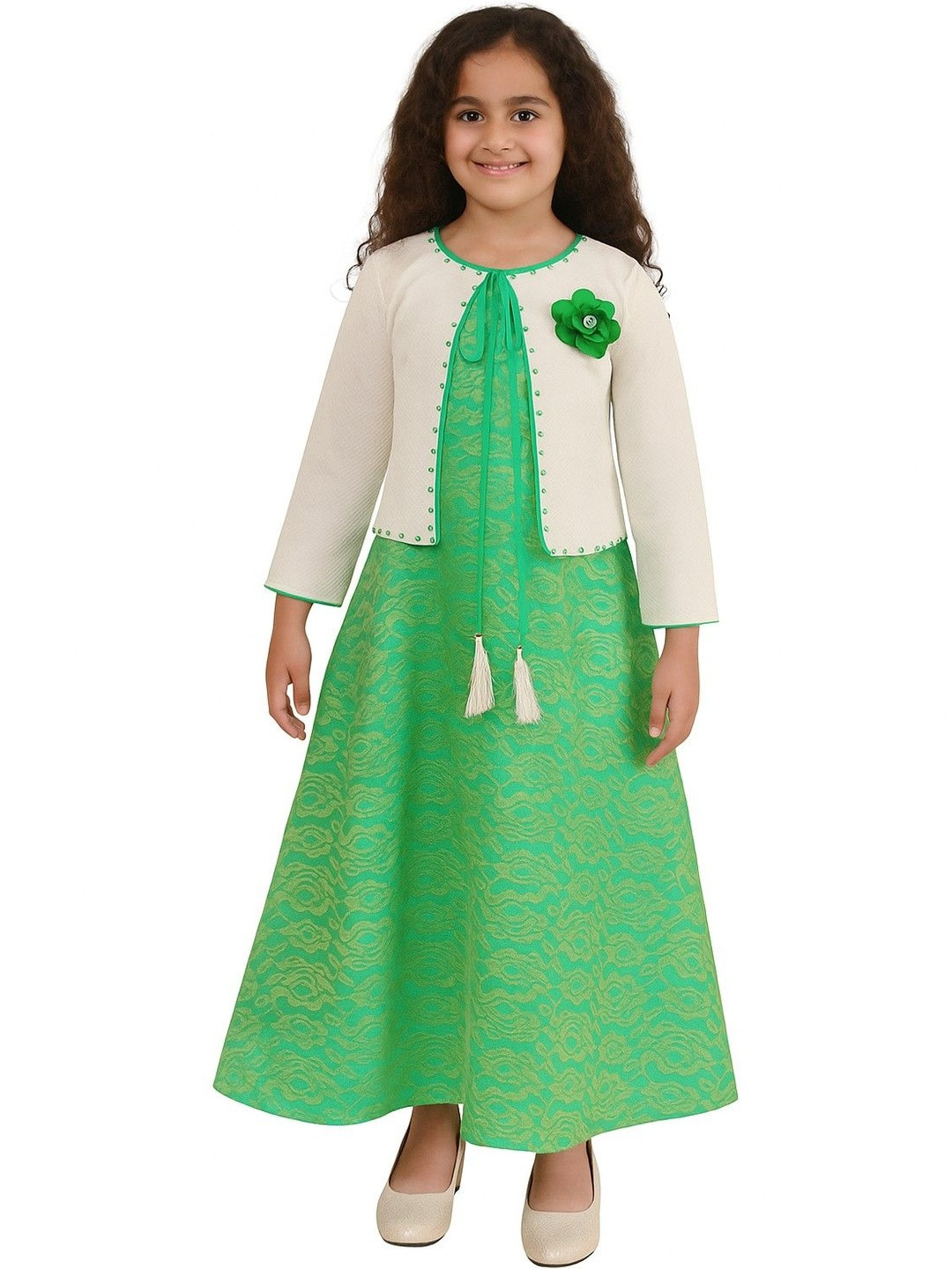 My Lil Girls Green Princess  Blended Two Pearl Jacket  Embellished A-Line Maxi Dress