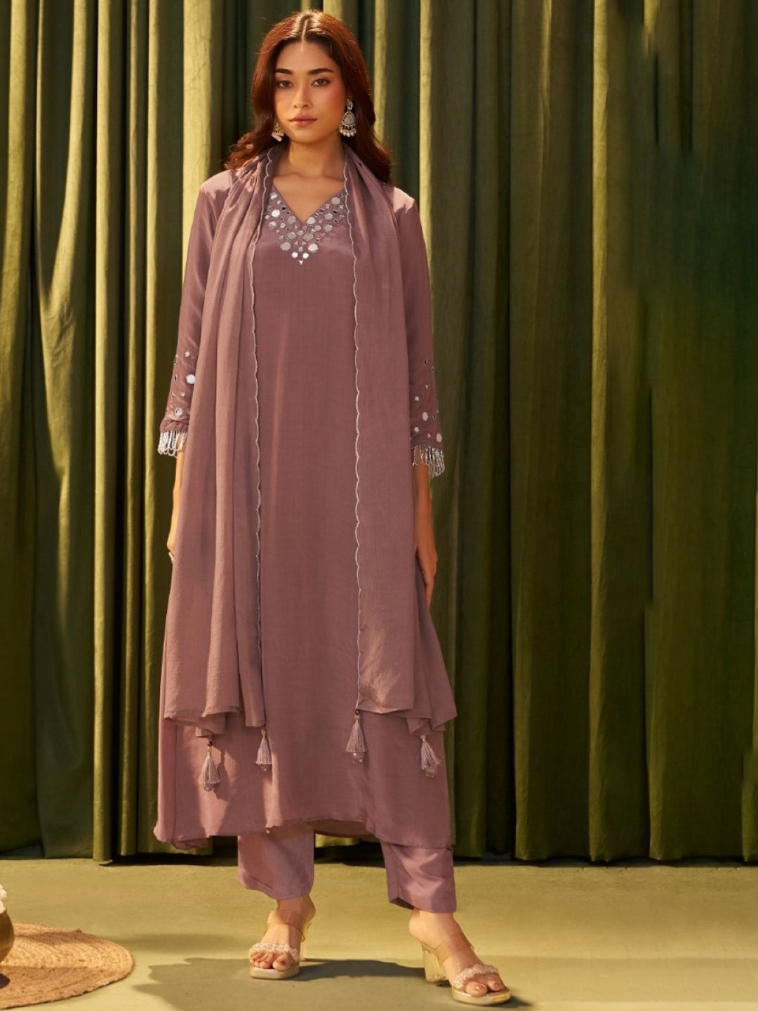 AUTUMN LANE Women Caramel Full Mirror Work Kurta with Trousers & Dupatta