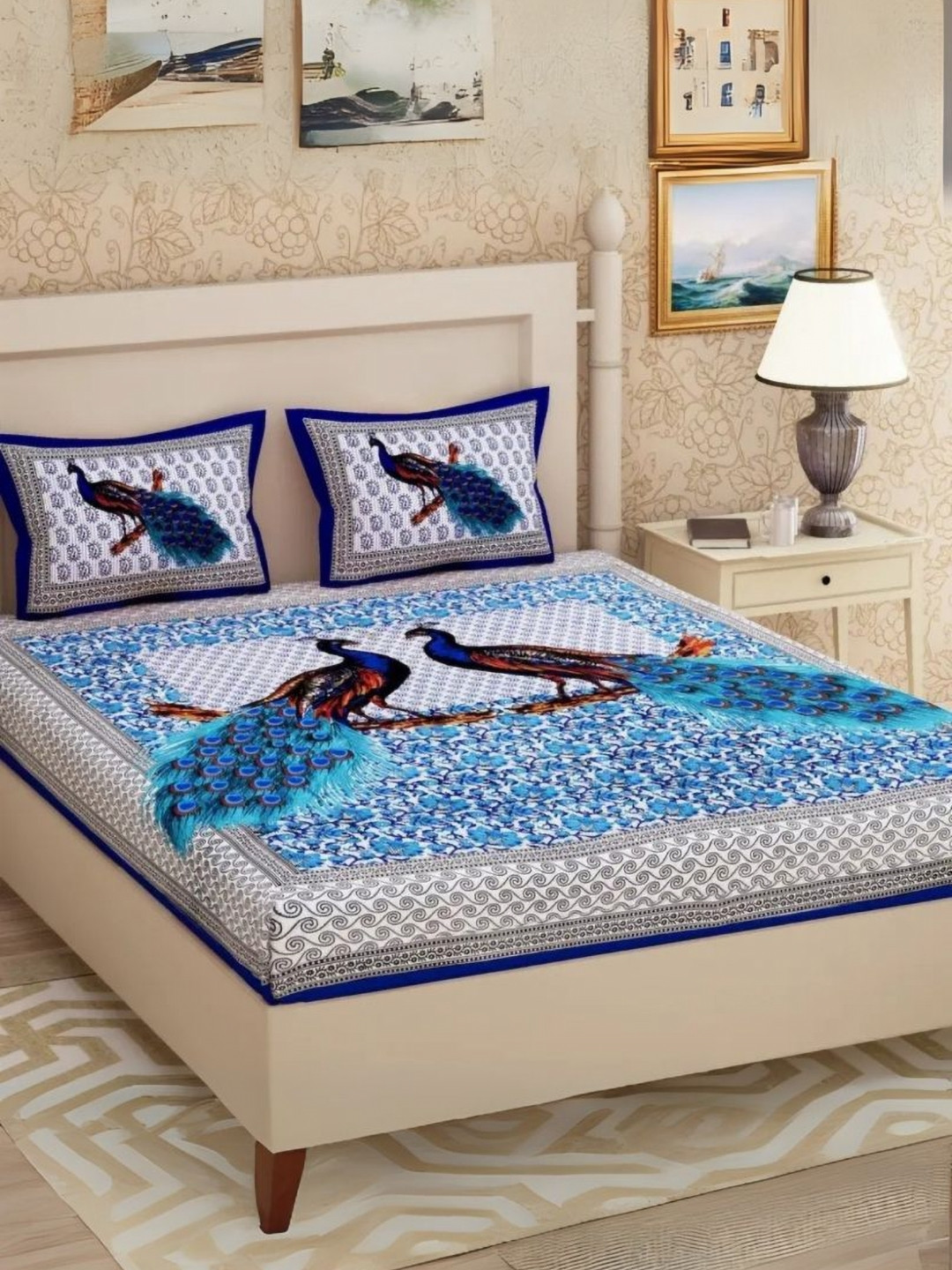 POORAK Blue & Black Ethnic Motifs 104 TC King Bedsheet Set  0.9 mx 1 m