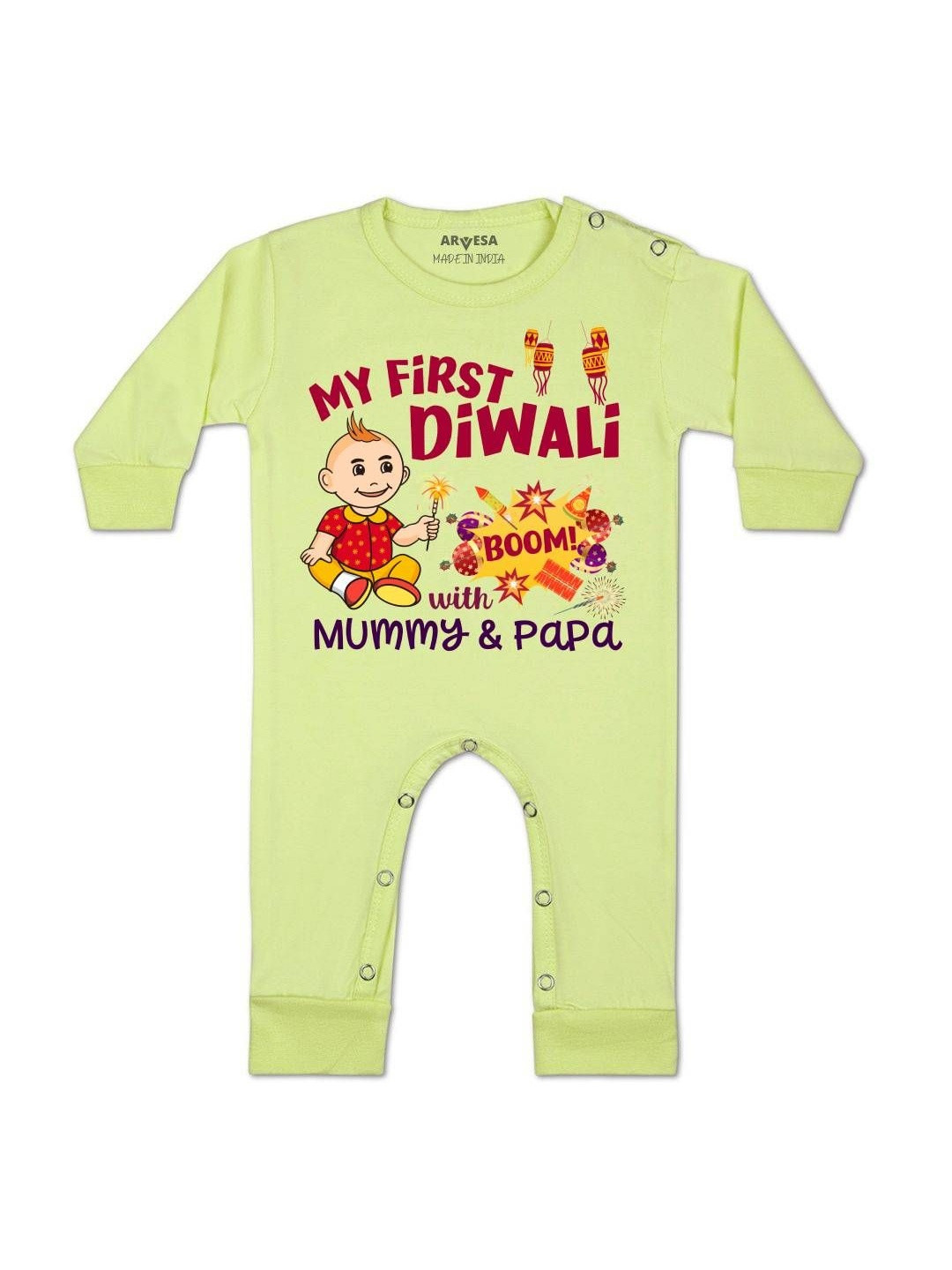 Arvesa Kids Diwali Printed Round Neck Long Sleeve Rompers