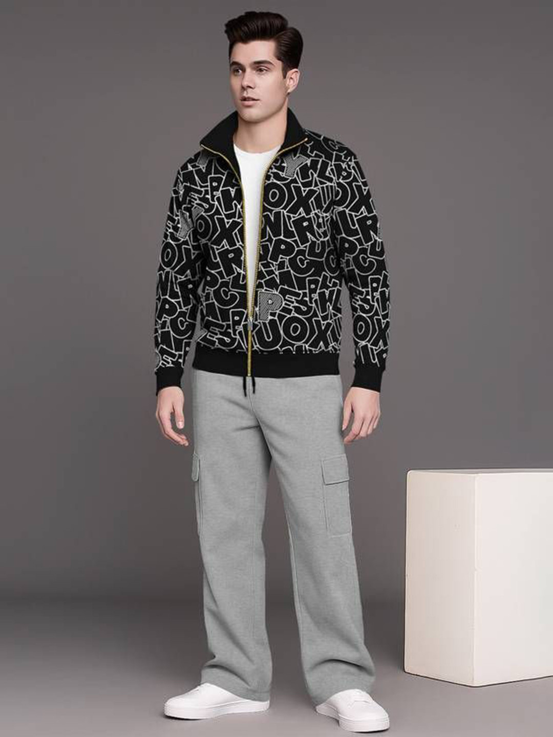 TRIPR Printed Shirt Collar Neck Sweatshirt With Trousers