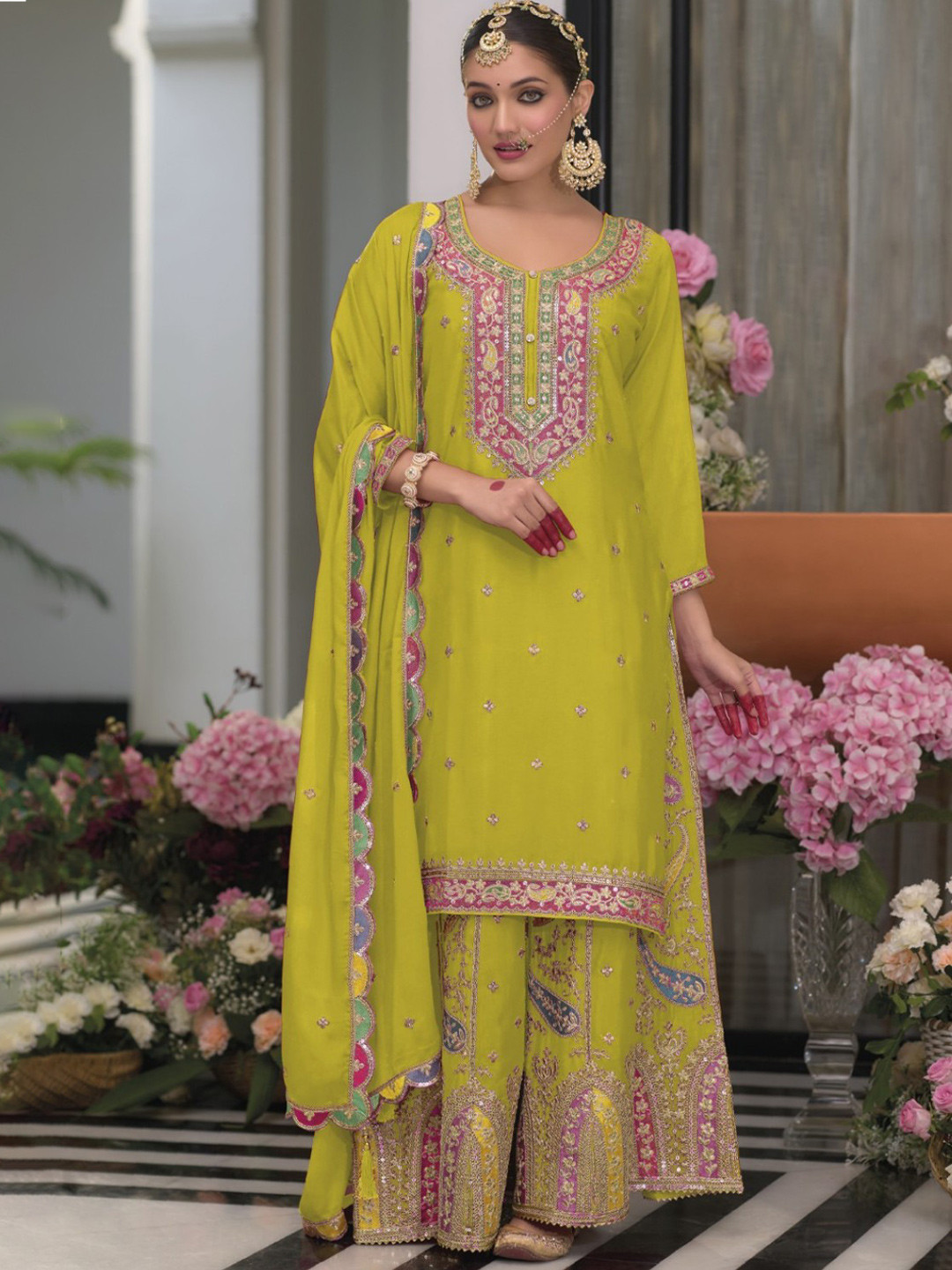 AUTUMN LANE Uzma fern Women Ethnic Motifs Embroidered Regular Kurta With Sharara & Dupatta
