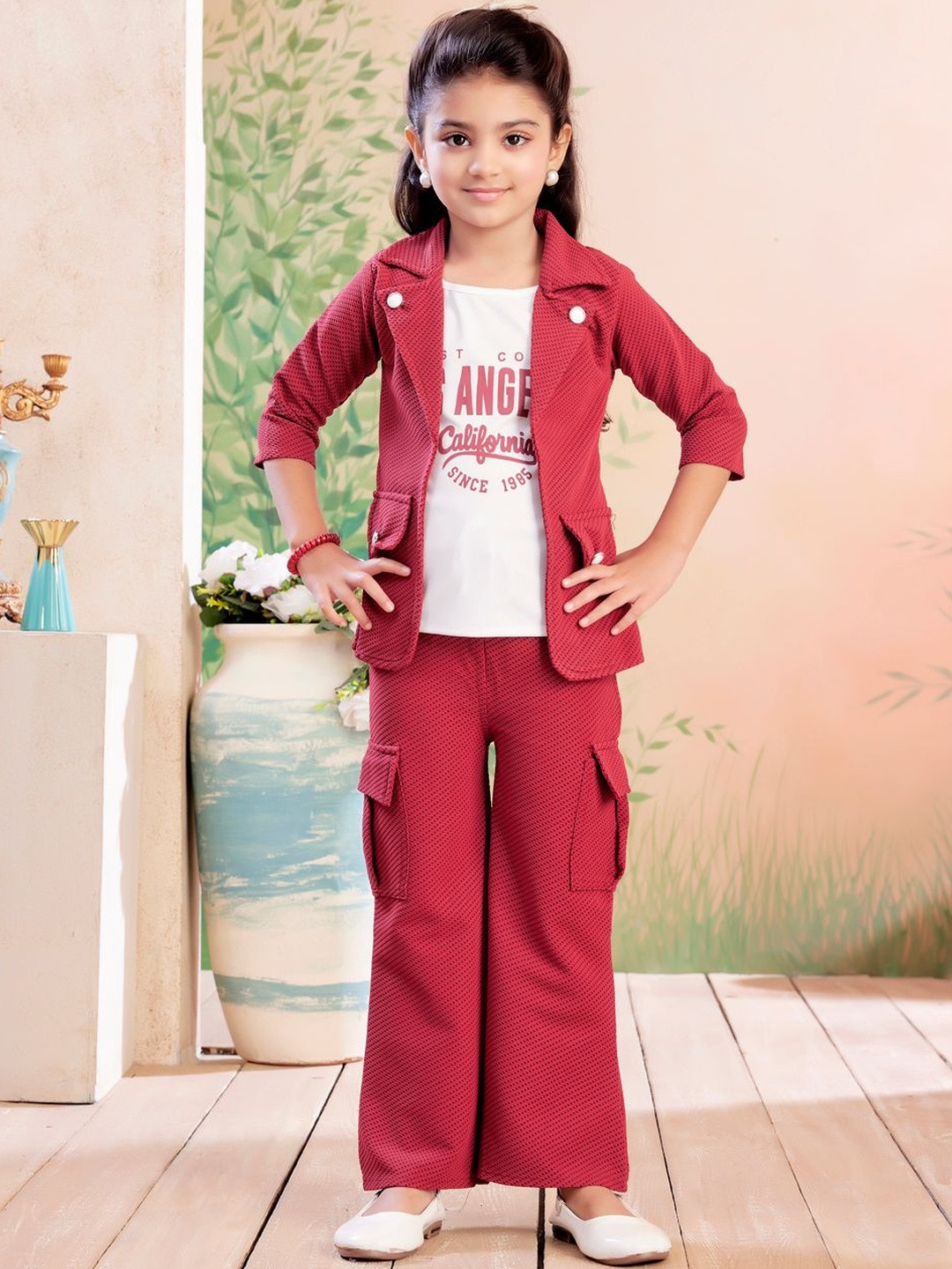 Muhuratam Girls Maroon Coat With An Attachable Printed T-shirt and Trousers