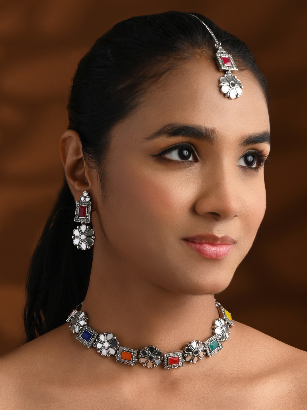 I Jewels Silver Plated Stone StuddedSquare Shaped Floral Design  Jewellery Set
