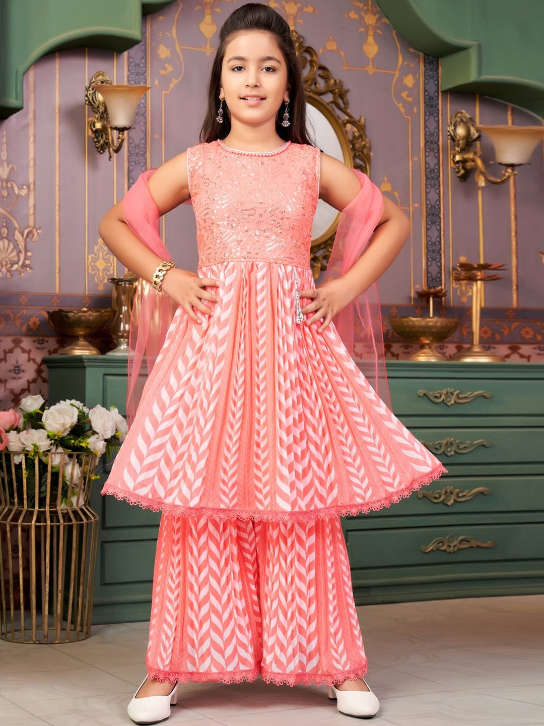 Muhuratam Girls Ethnic Wear Pink Beads Sequins Embroidery Georgette Kurti Sharara Set With Dupatta