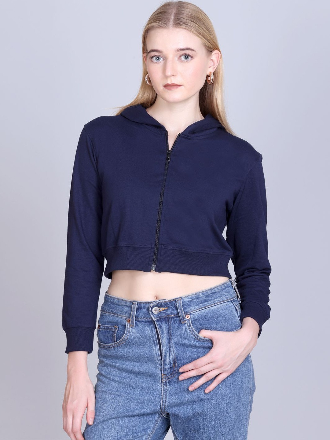 CORSICA Women Navy Blue Zipped Hooded Sweatshirt