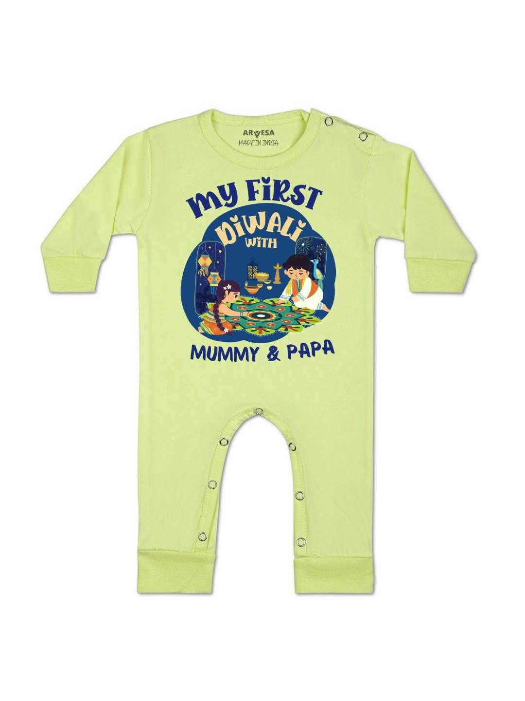 Arvesa Kids My First Diwali Printed Round Neck Long Sleeves Cotton Rompers