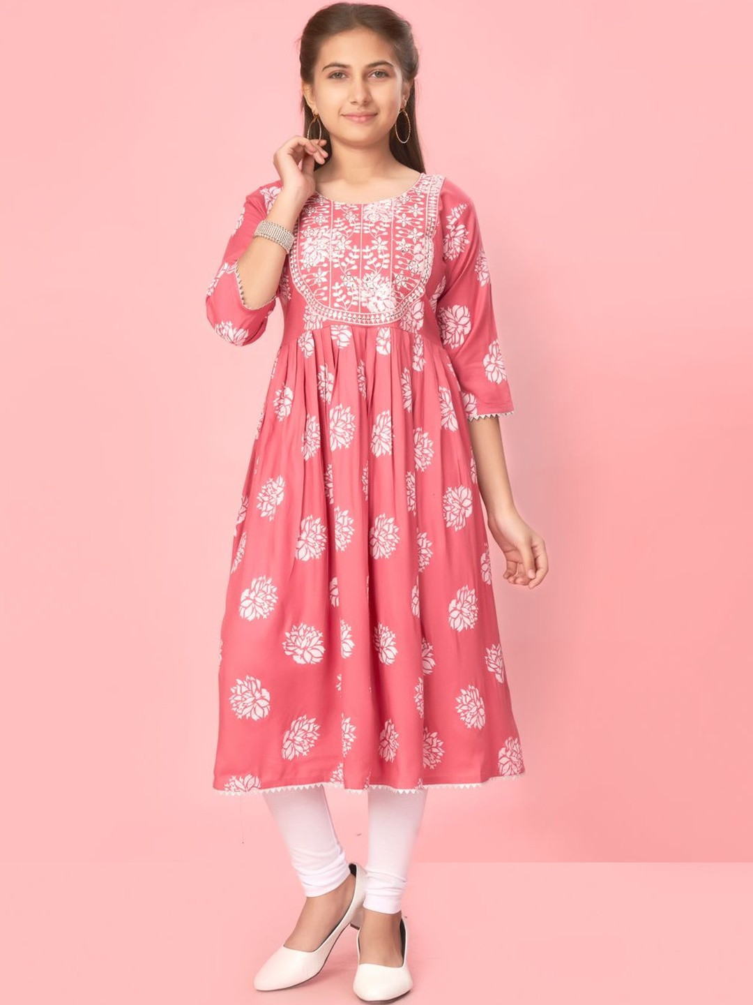 Muhuratam Girls Pink-White Colour Cotton Embroidery Kurti Legging Set