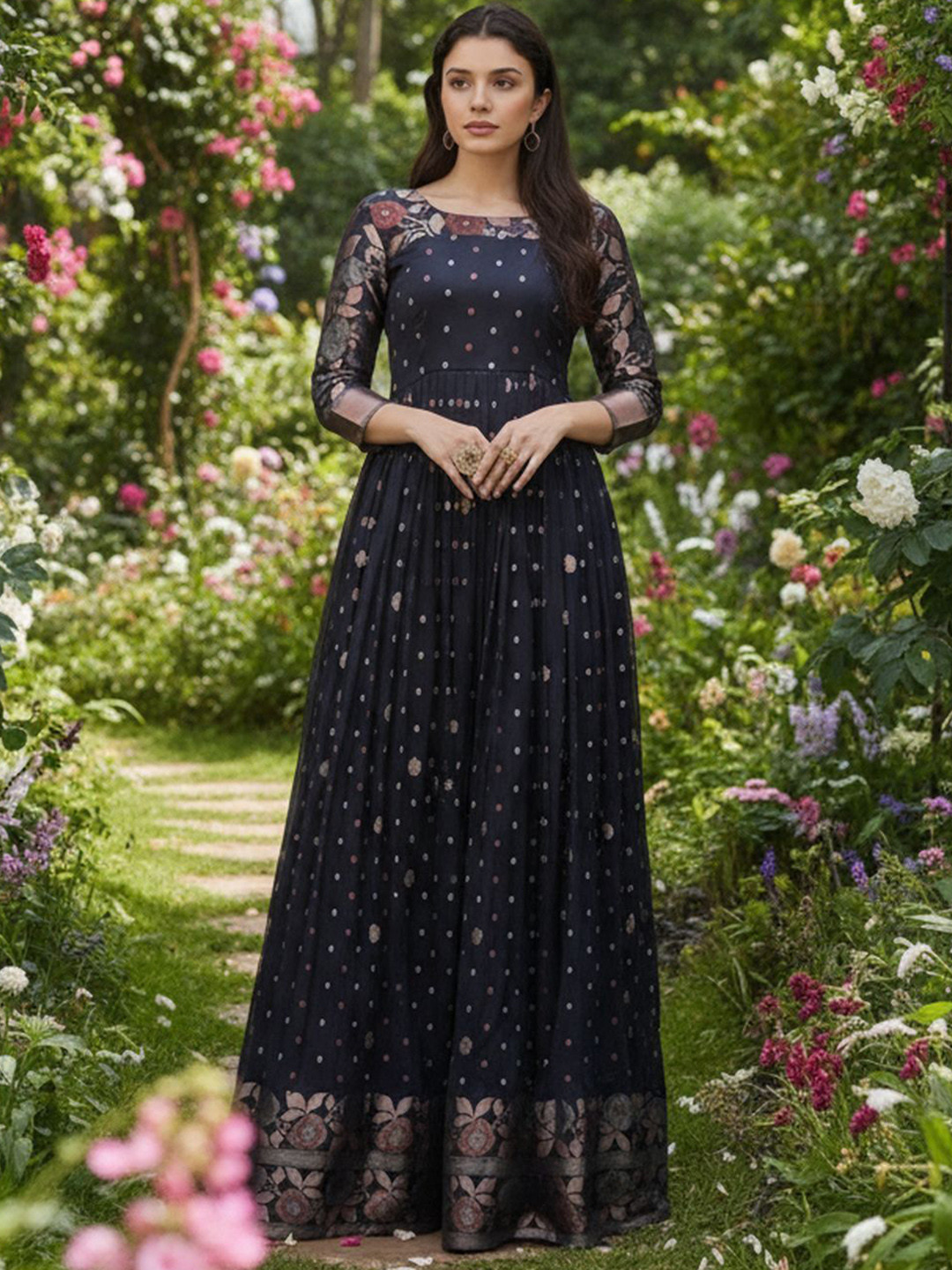 KALANANDI Floral Self Design Round Neck Silk Ethnic Dresses