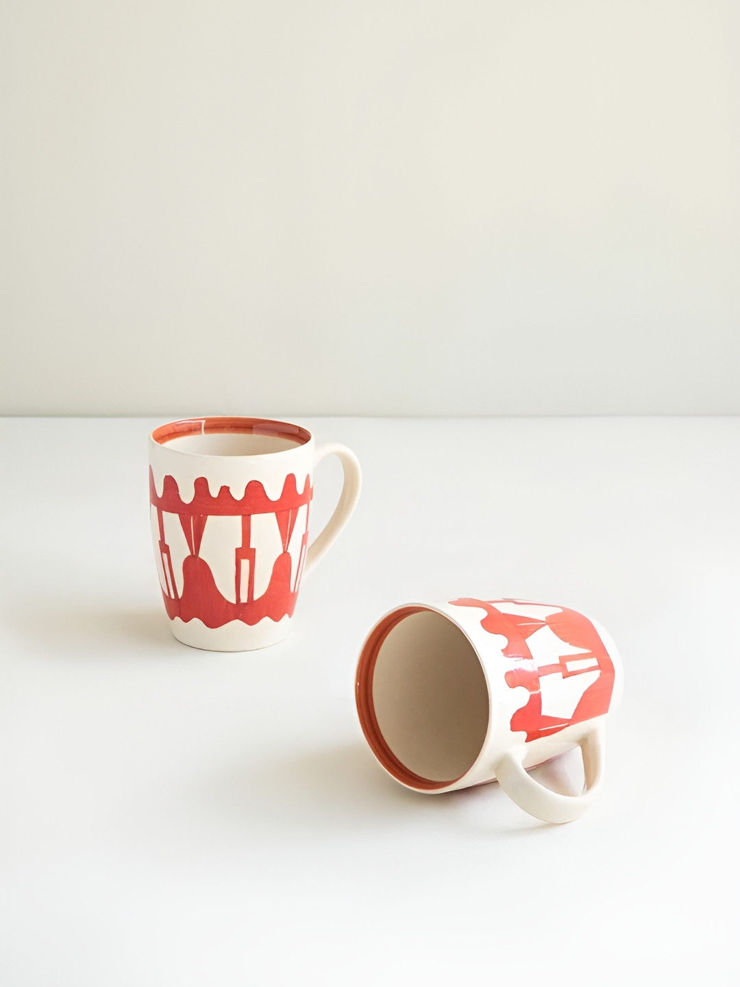 FREEDOM TREE Sun Watcher Peach And White 2 Pieces Abstract Printed Ceramic Matte Cups
