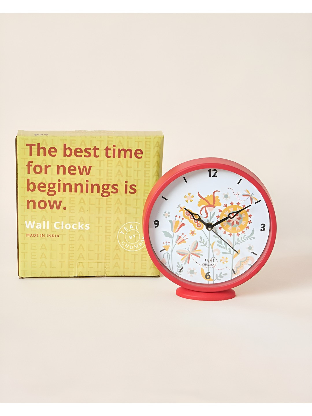 TEAL BY CHUMBAK Red & White Sunshine Garden Printed Contemporary Table Clock