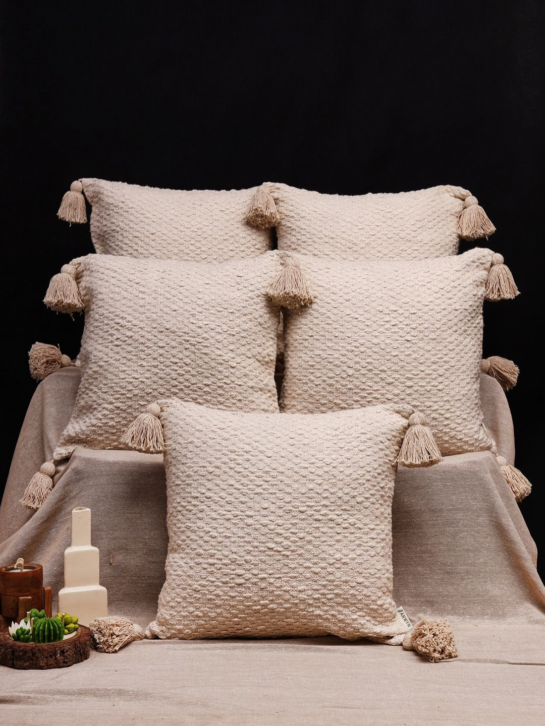 ANWYN Cream Colored 5 Pcs Self Design Textured Jacquard Square Tasselled Cushion Covers