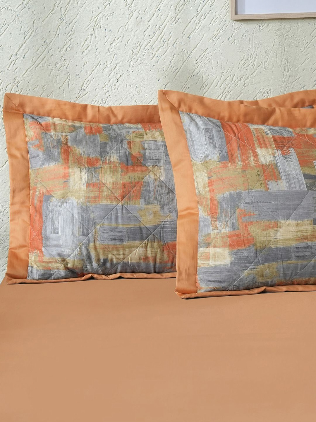 MASPAR Rust & Grey 2 Pieces Quilted Pure Cotton Rectangle Pillow Covers