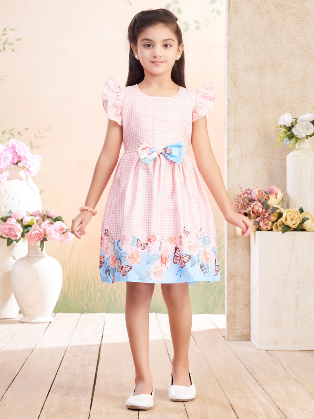 BAESD Girls Checked Flutter Sleeve Bow-Applique Floral Cotton Fit & Flare Dress