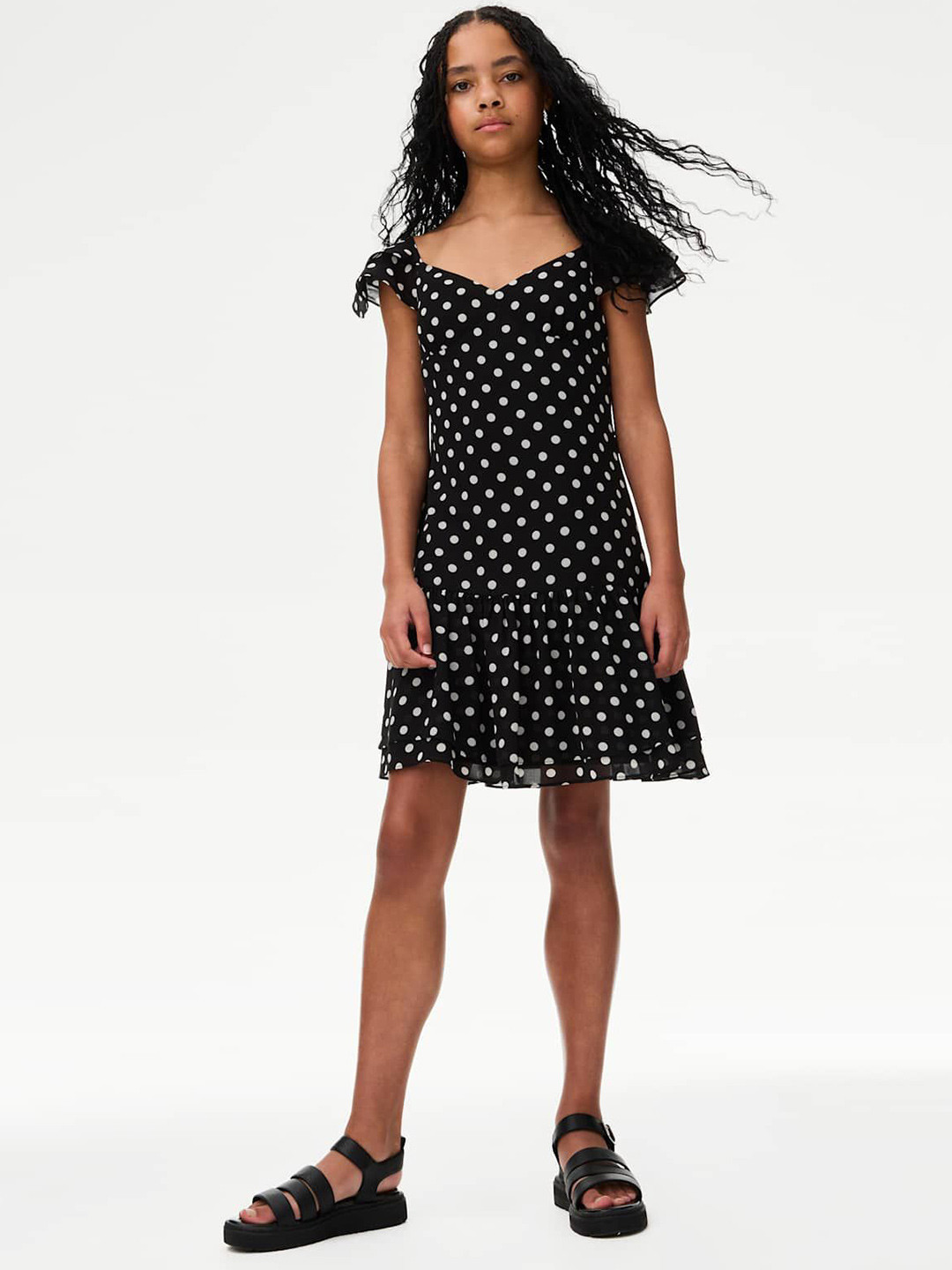 Marks & Spencer Girls Polka Dot Print Cold-Shoulder Drop-Waist Midi Dress