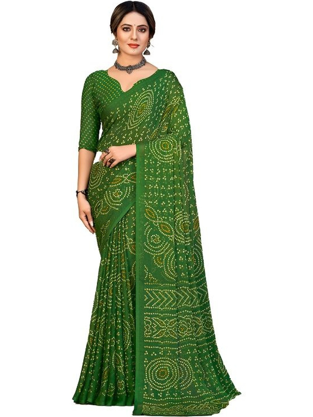 INDONIQ Bandhani Printed Woven Design Saree With Unstitched Blouse