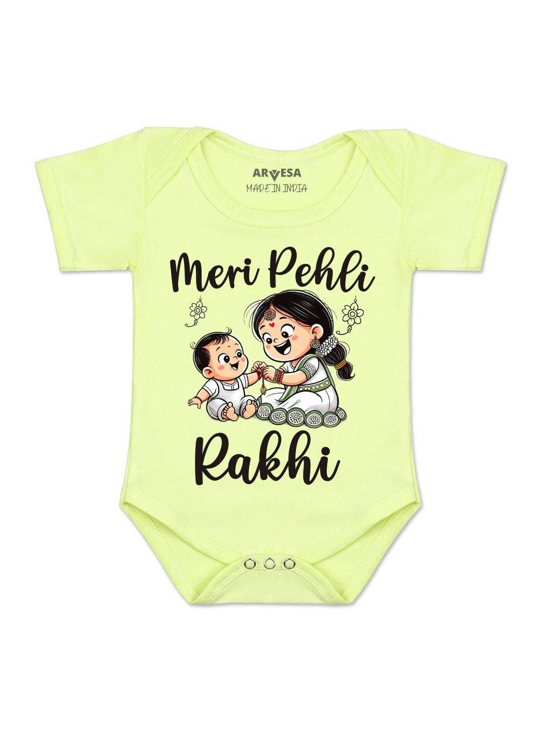 Arvesa Kids Meri Pehli Rakhi Puja Printed Envelope Neck Short Sleeve Bodysuit