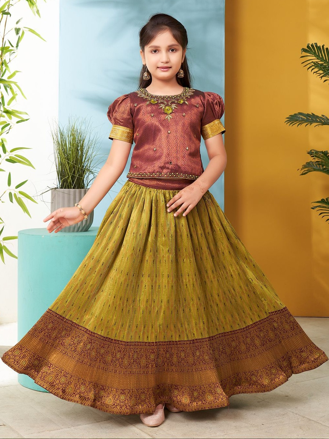 Muhuratam Girls Ethnic Wear Maroon Hand Embroidery Lace Work Brocade Lehenga Choli Set