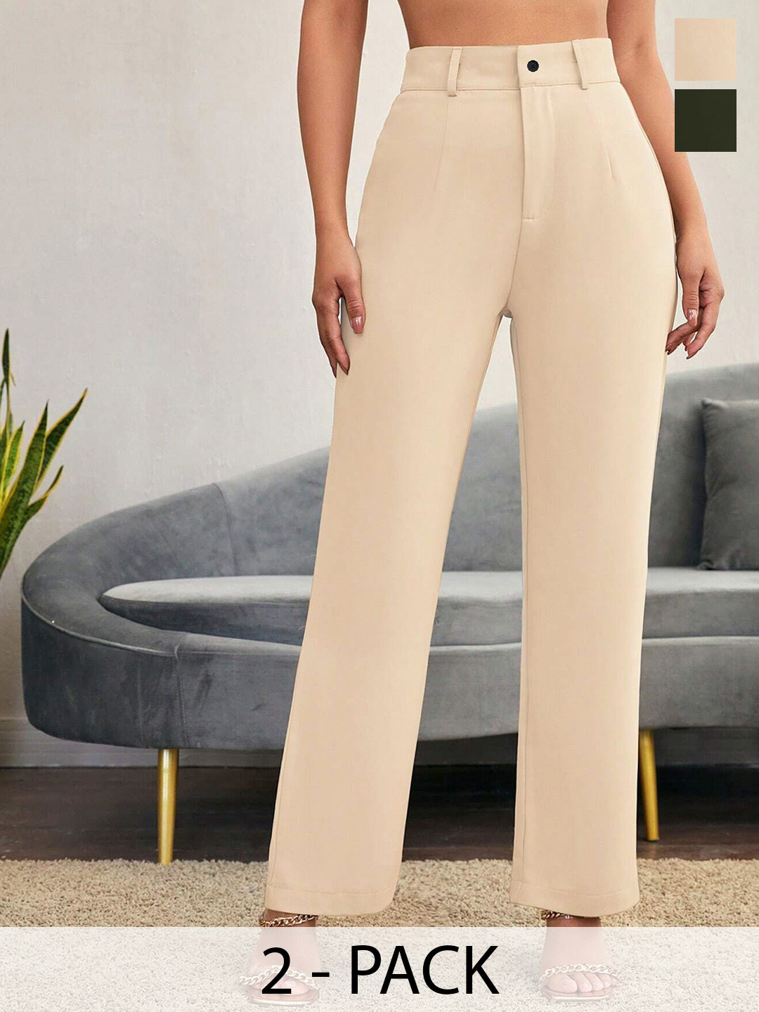 KERI PERRY Women Pack of 2 Relaxed Straight Leg High-Rise Flat-Front Formal Trousers