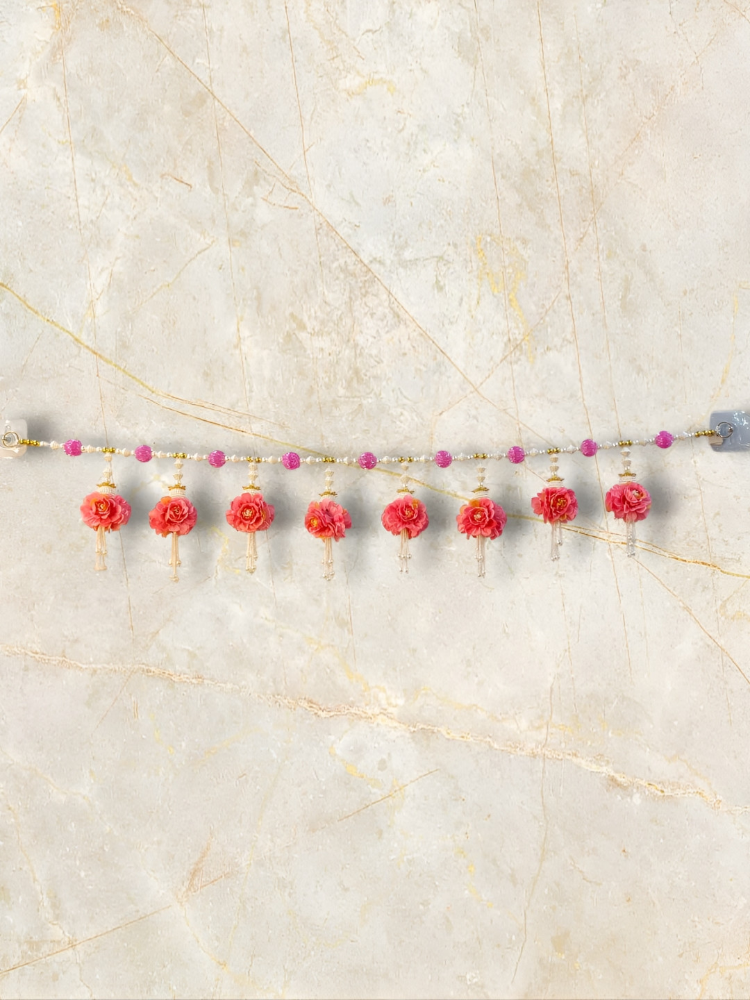 PUFFSMART Pink & White Textured Pearl Flowers & Latkan Bandhanwar Toran