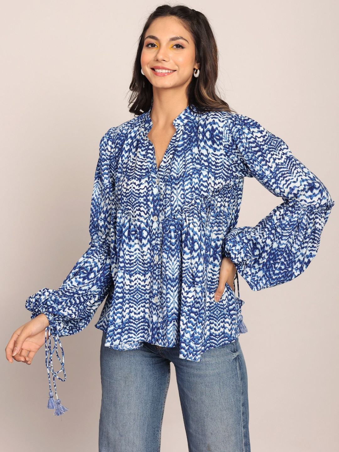 KAORI BY SHREYA AGARWAL Women Abstract Print Mandarin Collar Bishop Sleeves Cotton Top