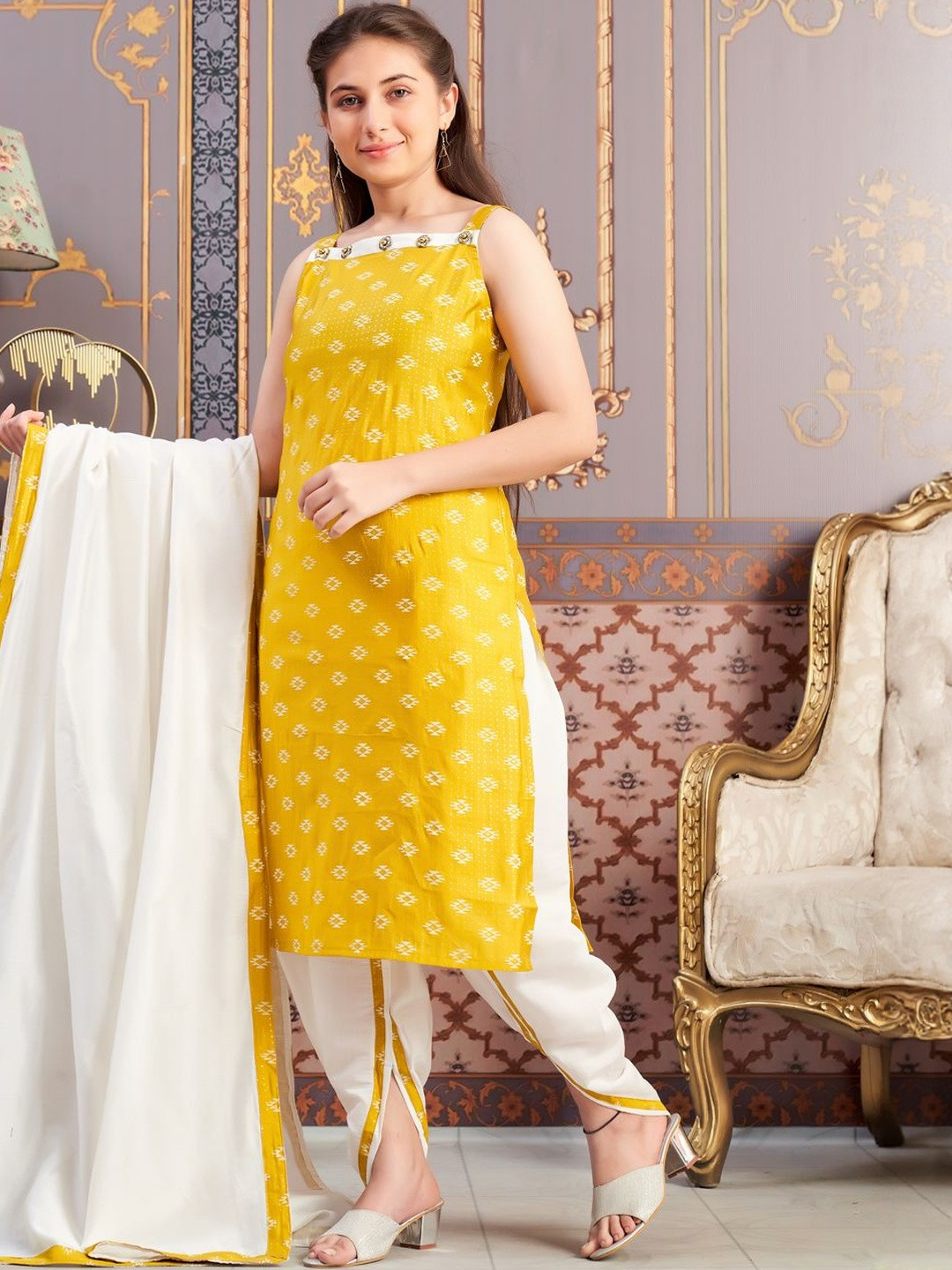 Muhuratam Girls Ethnic Wear Yellow-Cream Colour Printed Silk Dhoti Kurta Set