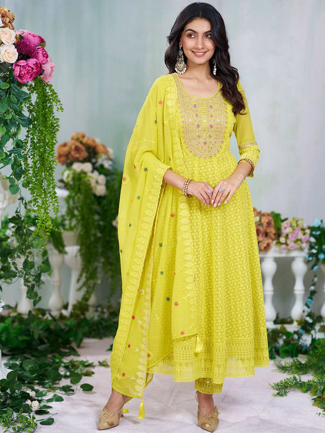 House of Pataudi Zari Sequence Thread Embroidered A-Line Kurta With Trouser & Dupatta
