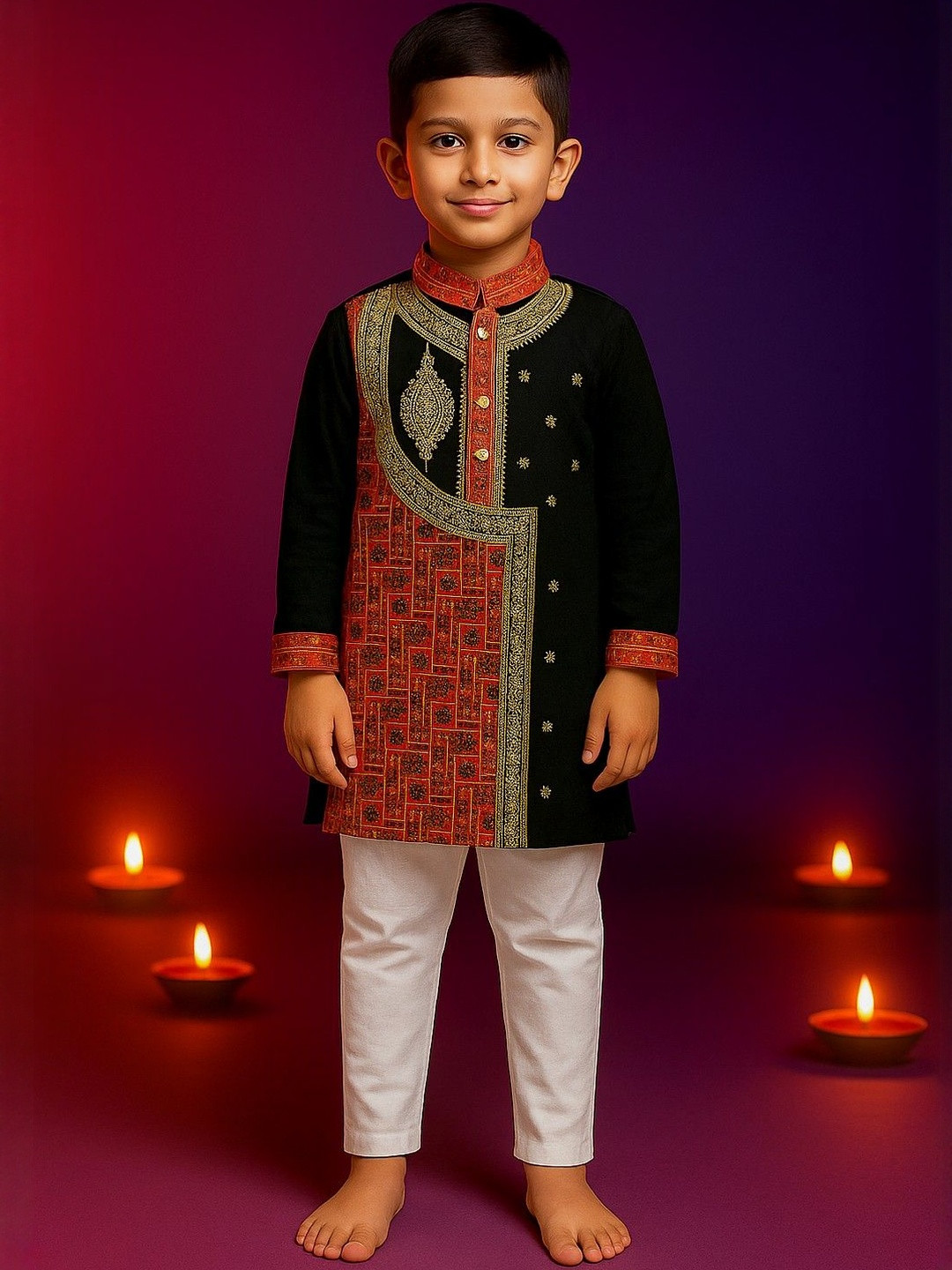 Cotton Blend Embroidery Kurta & Cotton Blend Pajama Set For Boys