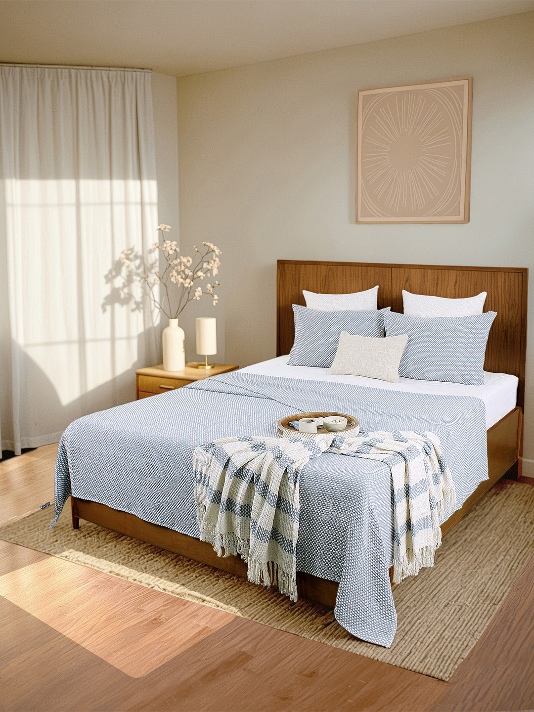 House This Dark-Blue Woven Design Double Queen Pure Cotton Bed Cover