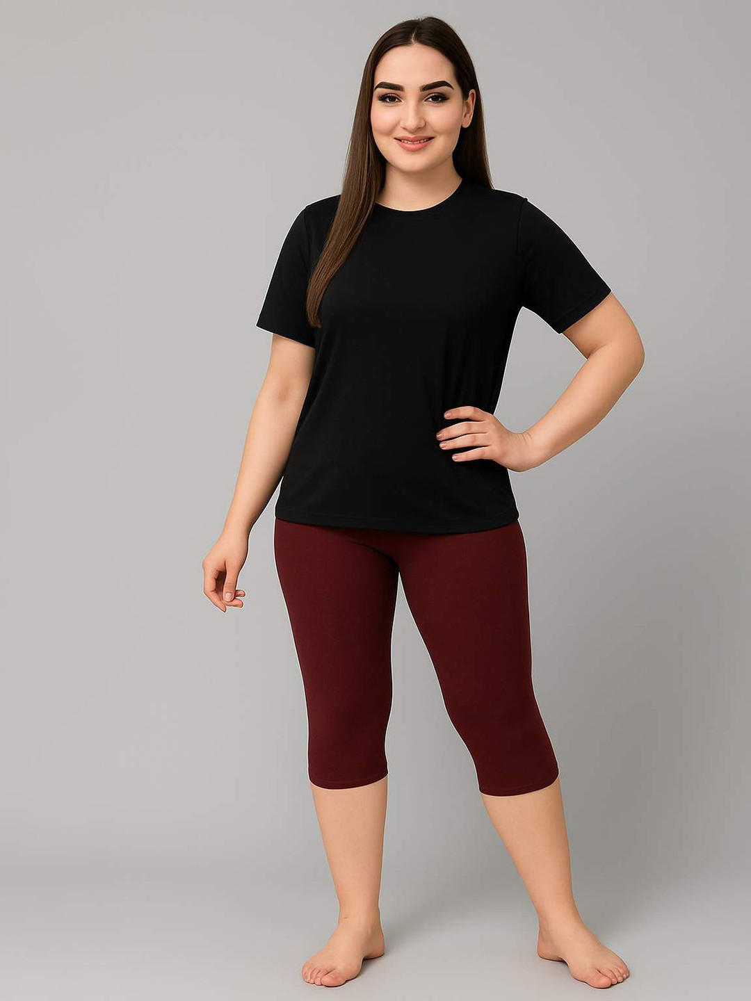 HIRRUX Women Plus Size Relaxed-Fit Quick-Drying Stretchable T-Shirt & Capri Swim Set