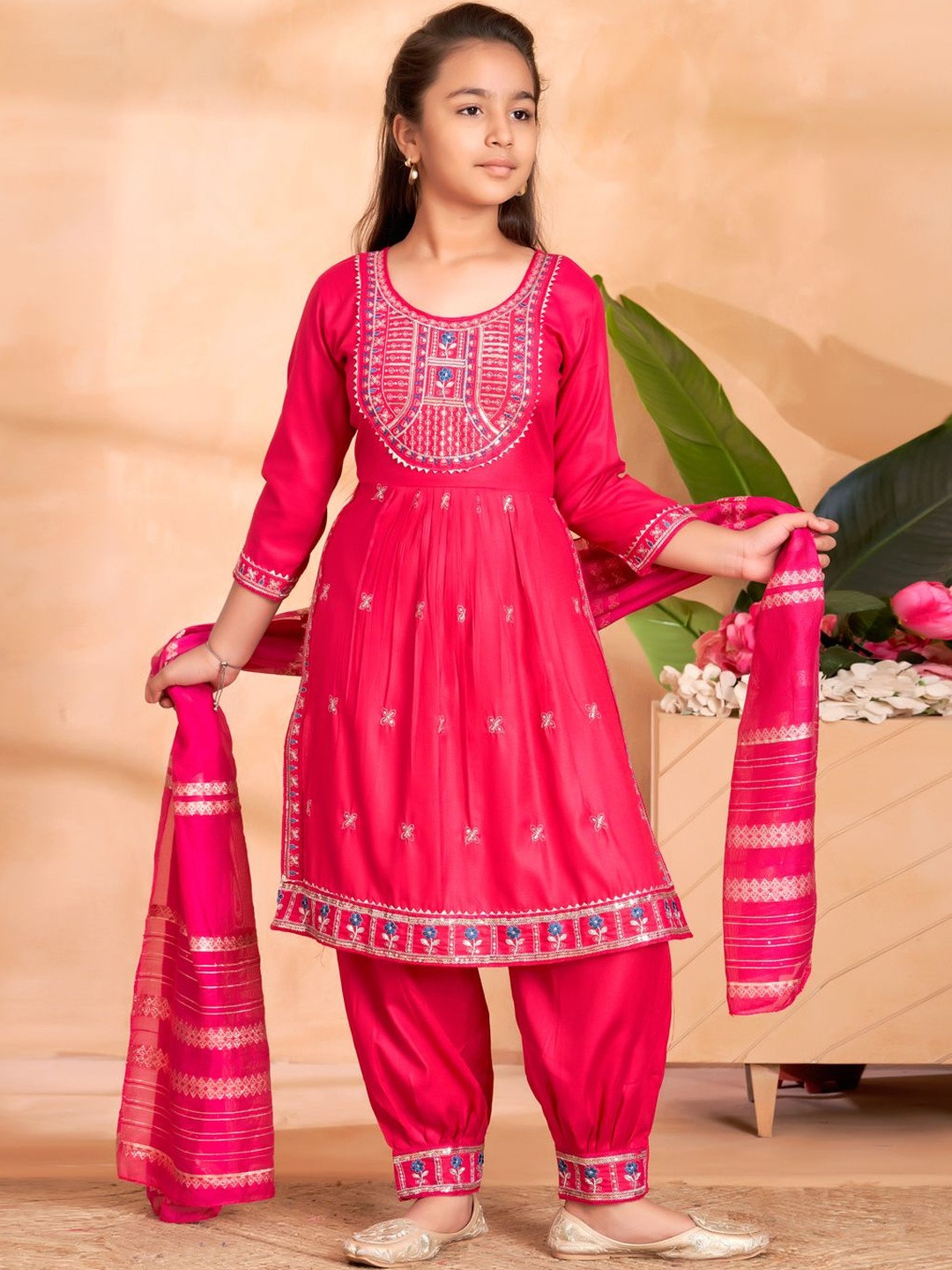 Muhuratam Girls Ethnic Wear Rani Colour Thread Embroidery Kurti Patiala Set