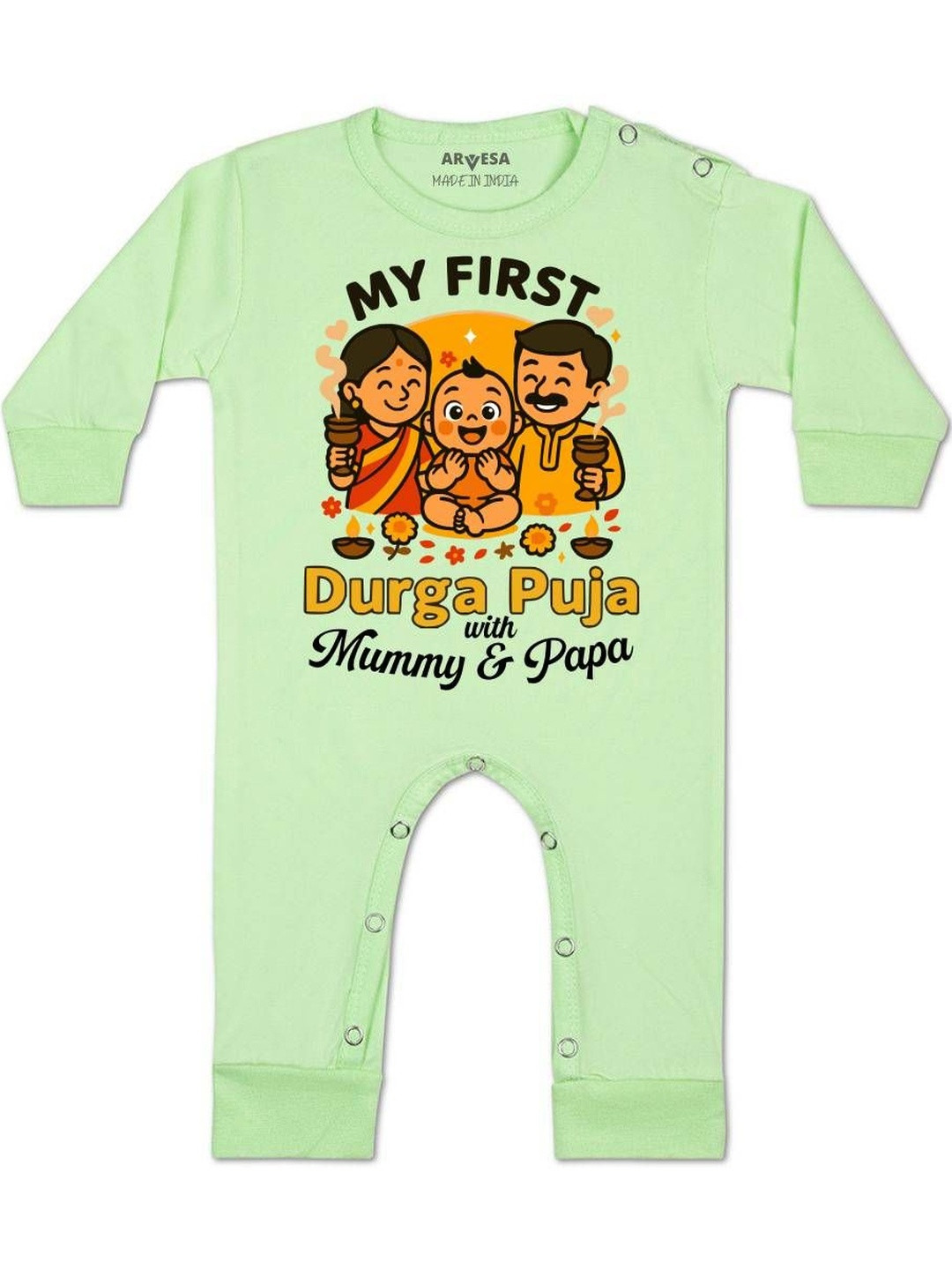Arvesa Kids Durga Puja Printed Round Neck Long Sleeve Rompers