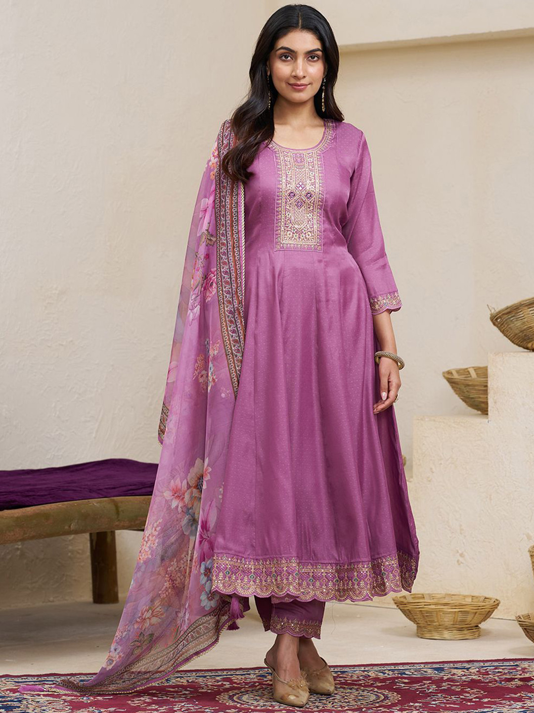 House of Pataudi Zari Sequence Thread Embroidered A-Line Kurta With Trouser & Dupatta