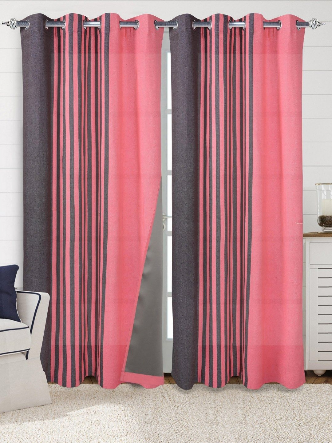 Saral Home Brown & Pink 2 Pieces Striped Cotton Black Out Non-Fading Door Curtains