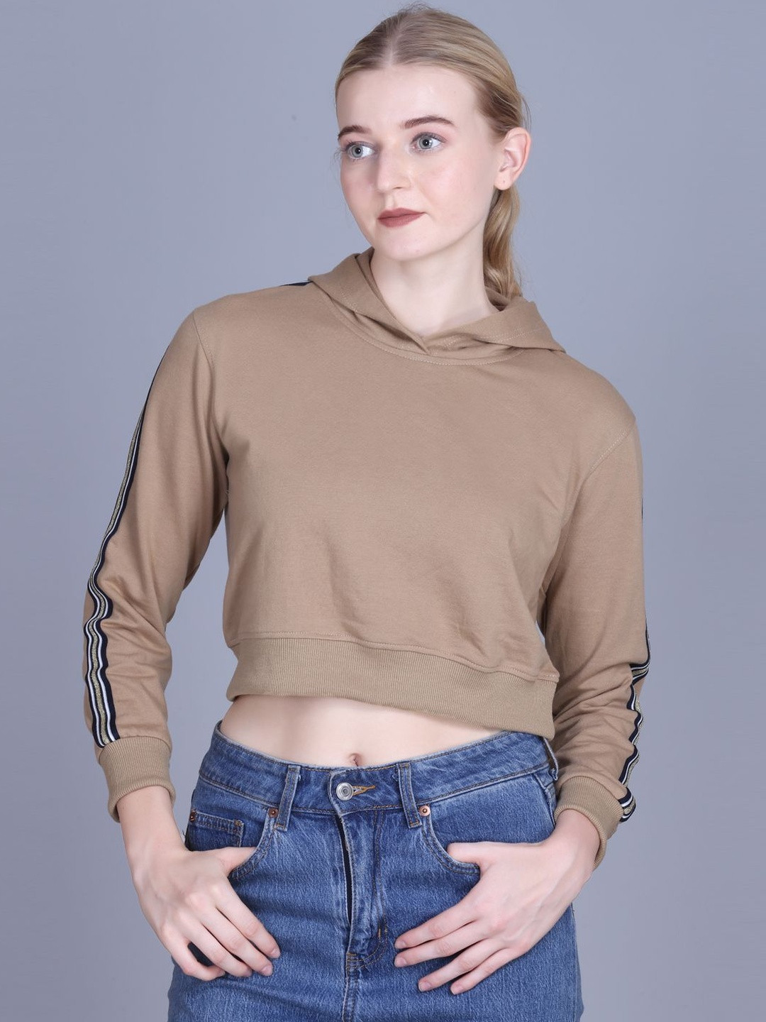 CORSICA Women Beign Solid Cotton Hodded Crop top Sweatshirt