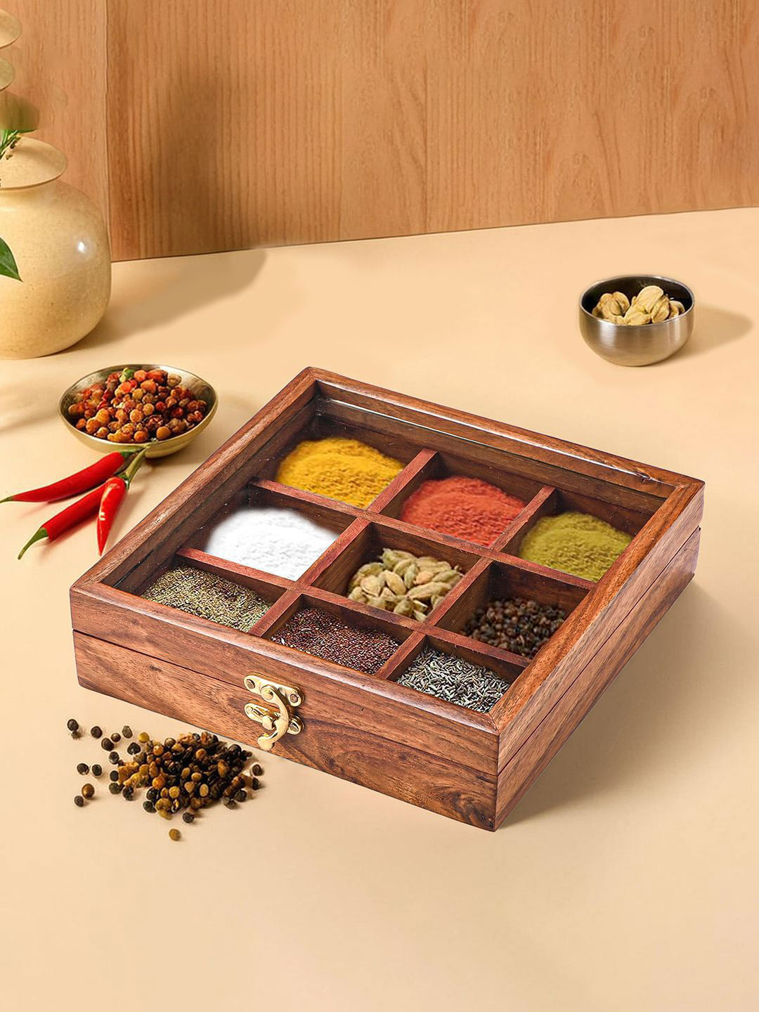 Kuber Industries Unisex Brown Wooden Spice Box