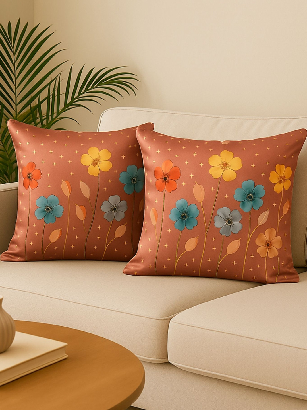 MFD HOME FURNISHING Rose Gold & Blue 2 Pieces Floral Printed Linen Square Cushion Covers