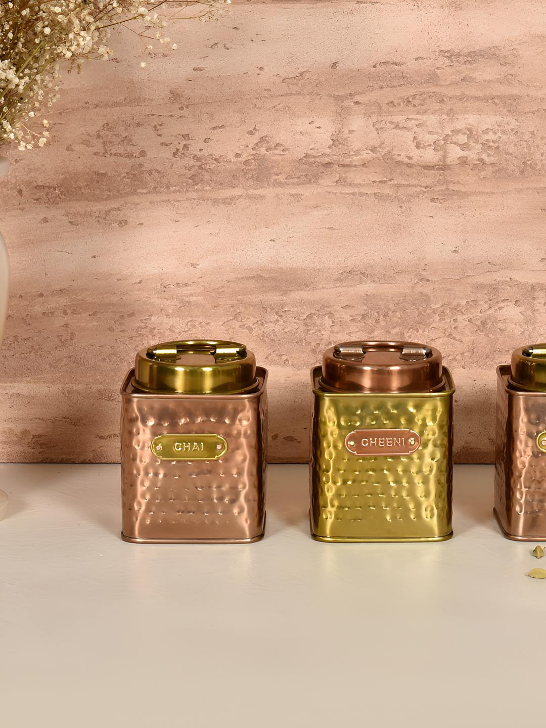 Living With Elan Gold-Toned 3 Pieces Stainless Steel Square Canister Container