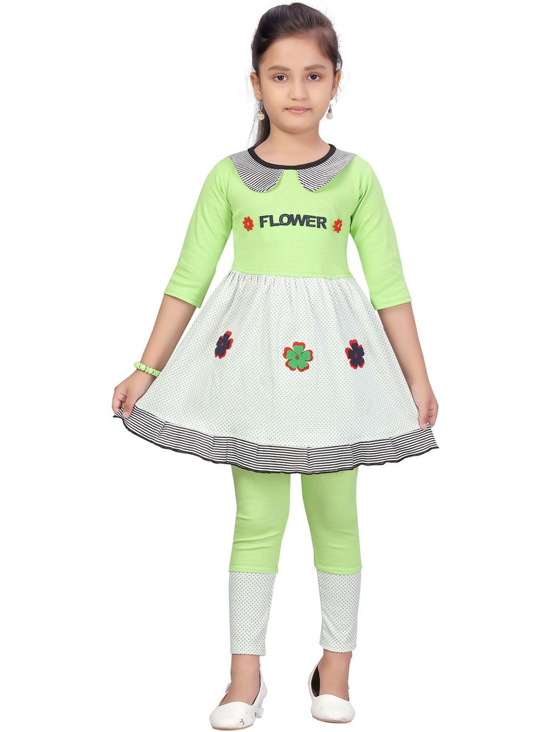 Muhuratam Girls Party Wear Green Colour Cotton Self Design Clothing Set