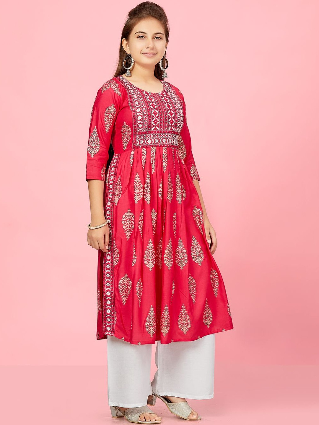 Muhuratam Girls Rani-White Colour Cotton Kurti Palazzo Set