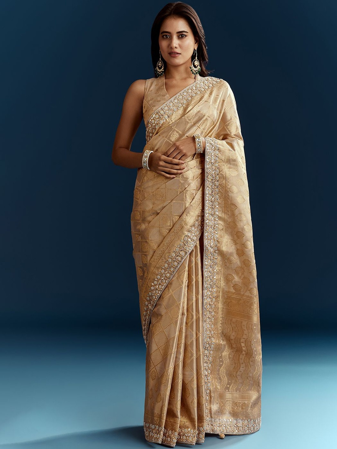 KALKI Fashion Floral Woven Design Thread Work Tissue Saree With Unstitched Blouse Piece