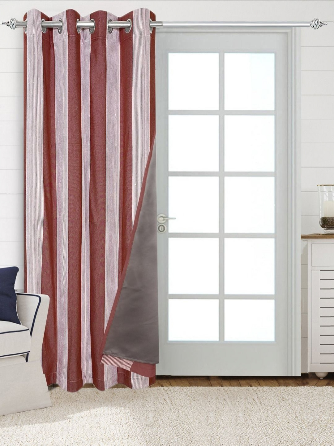 Saral Home Maroon & White Striped Cotton Black Out Door Curtain