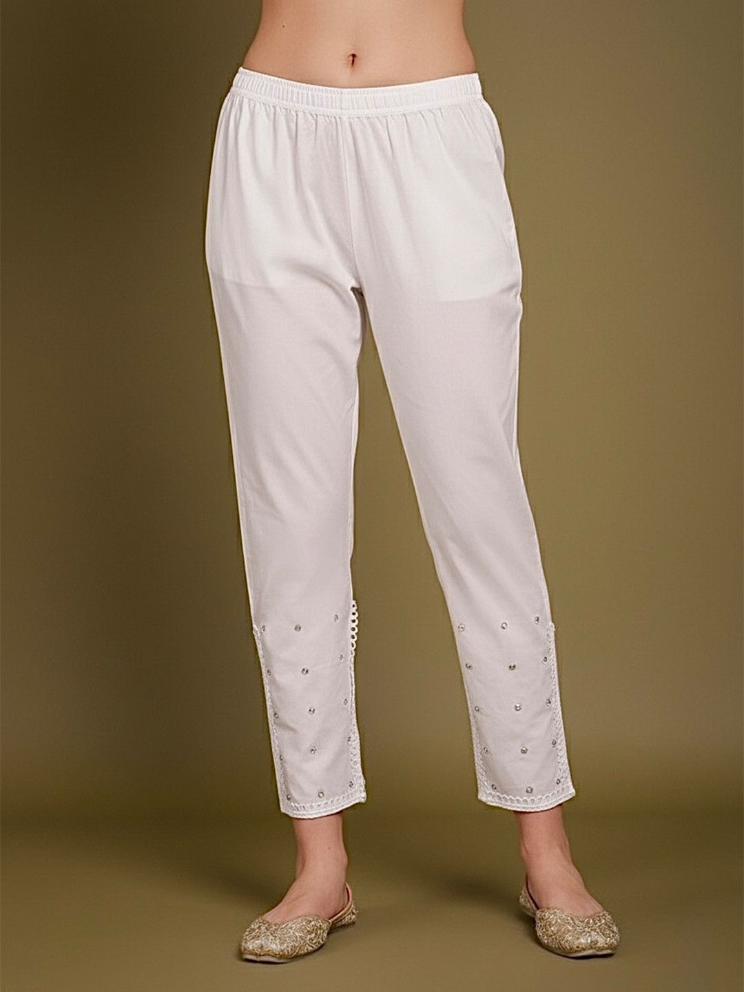 TRUE SISTERS Women Classic Embellished  Trousers With Beaded Lace Work