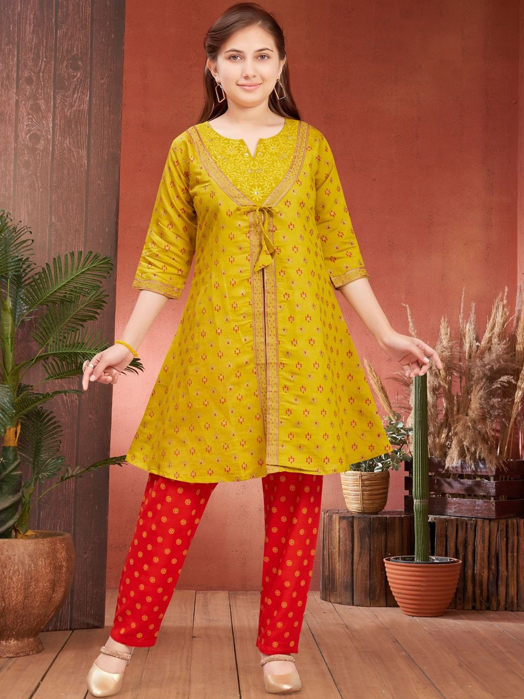 Muhuratam Girls Ethnic Wear Mustard-Red Colour Foil Print Silk Kurti Pant Set