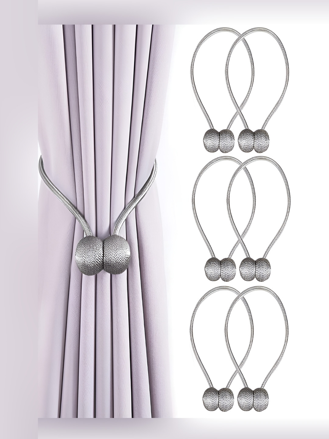 TIED RIBBONS 6 Pieces Grey Textured Curtain Tie-Backs