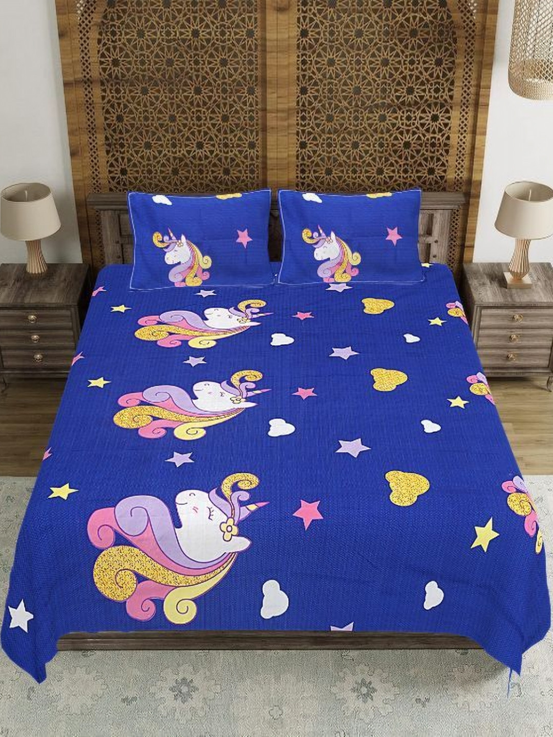 Aura Blue & Pink Cartoon Characters 250 TC Double Queen Bedsheet Set-2.25 m x 2.50 m