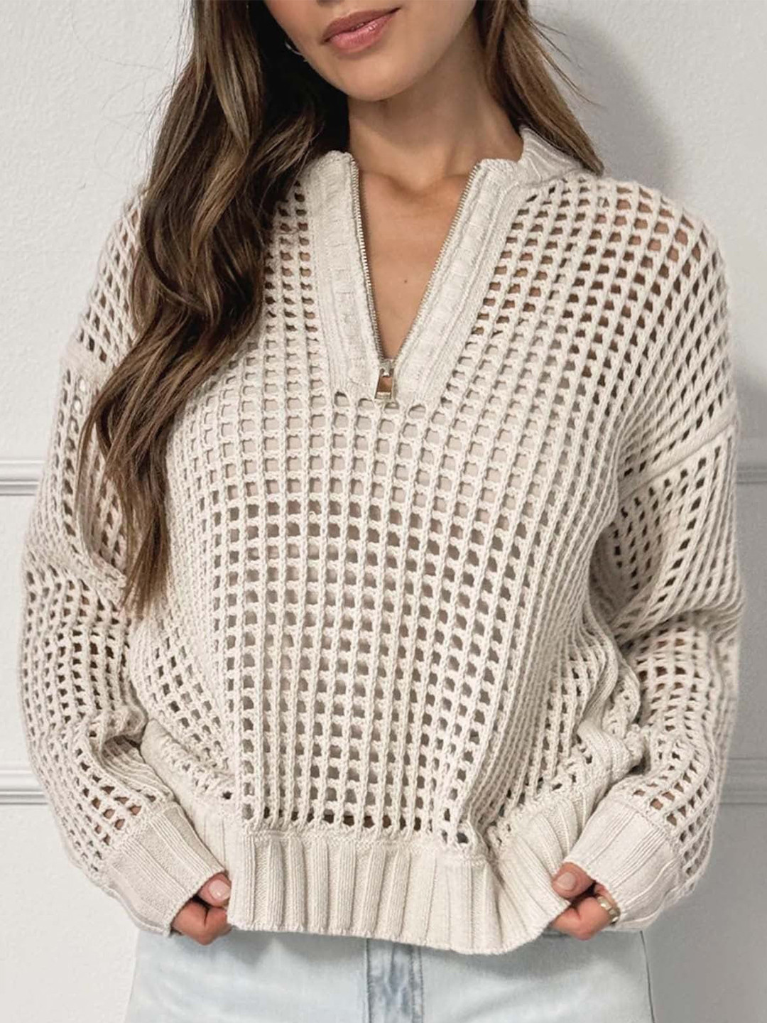 Outzidr Women Checked Self Design Half  Zip Pullover