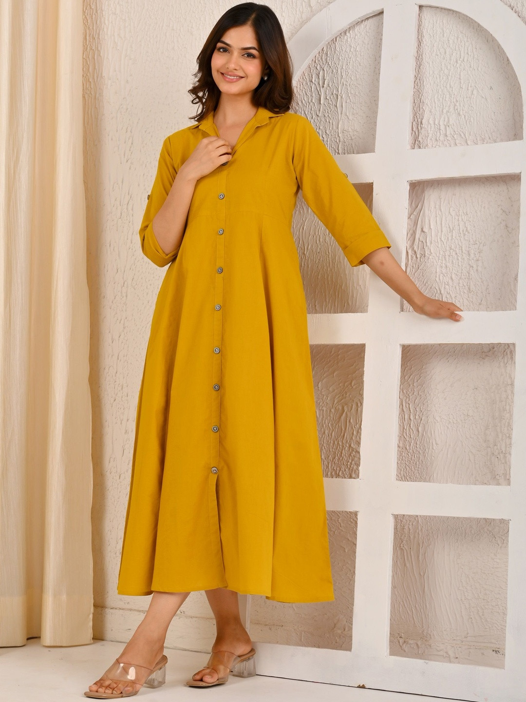 SZN Women Button Down Shirt Collar A-Line Dress